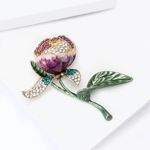 Elegant tulip flower brooch with purple enamel and sparkling rhinestones for women