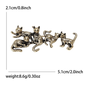 Vintage gold alloy brooch with five cats, retro style pin for suits and shirts