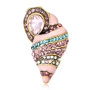 Elegant gold conch brooch with pink water drop crystal and multi-color rhinestone inlay