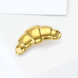Luxury croissant shaped golden stainless steel brooch pin with glossy finish on white card