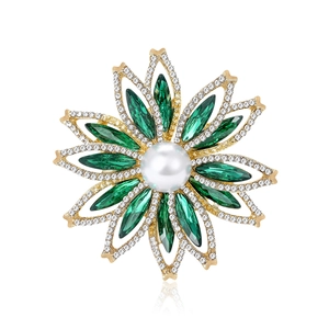 Broche de tournesol luxueuse avec perle blanche, cristaux verts et zircons brillants