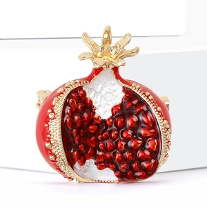 Exquisite red enamel pomegranate brooch with gold plating and sparkling rhinestones