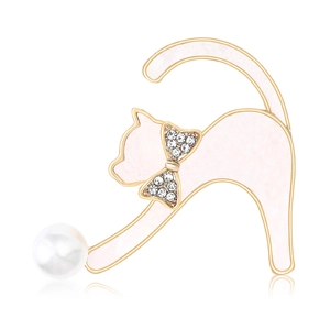 Broche Chat Élégant En Alliage Émail Rose Avec Nœud En Strass Et Künstliche Perle D'imitation Blanche Pour Accessoire De Costume Homme Femme