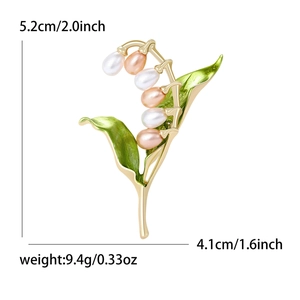 Élégante broche muguet en perles et métal doré avec dimensions et détails de poids