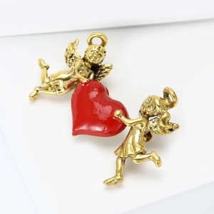 Vintage gold cupid angels with red enamel heart brooch pin fashion jewelry accessory