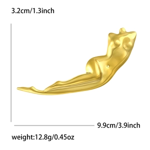 Golden artistic female torso sculpture brooch in polished stainless steel with dimensions