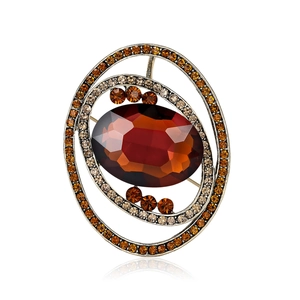 Vintage Alloy Glass Gemstone Oval Brooch For Women Luxury Rhinestone Inlaid Concentric Rings Retro Gold Jewelry Pin