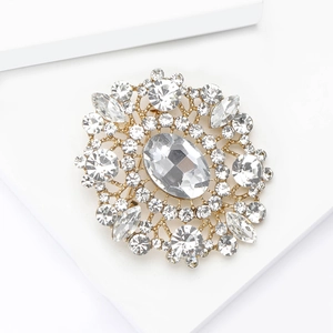 Macro shot of large oval rhinestone brooch with gold setting and sparkling floral pattern