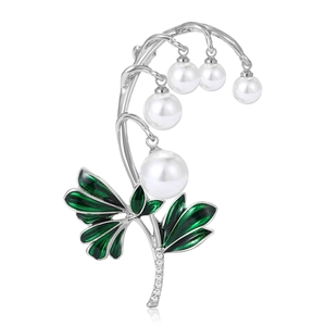Elegante broche de lirio de los valles con perlas blancas y esmalte verde sobre plata