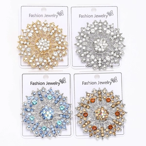 Macro detail of hollow crystal flower brooches in four colors on display cards