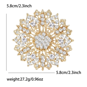 Elegant gold flower brooch with white crystals measuring 5.8cm for women coats