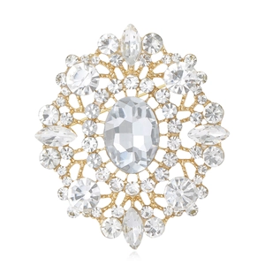 Elegant gold large oval crystal flower brooch with brilliant rhinestones for women