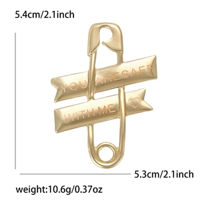 Gold safety pin brooch with heart engraving and YOU ARE SAFE WITH ME inscription