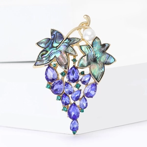 Exquisite grape brooch with purple crystals and iridescent abalone shell in gold finish
