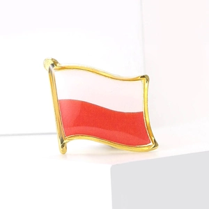 Detailed view of waving Poland flag enamel pin with golden metallic borders on white stand