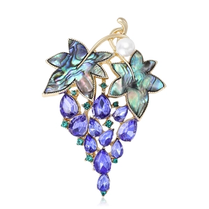 Vintage Grape Shape Brooch With Abalone Shell Leaves Purple Rhinestone And Artificial Pearl Alloy Gold Plated Fashion Jewelry For Women