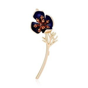 Exquisite gold-plated poppy flower brooch with dark blue enamel petals for women