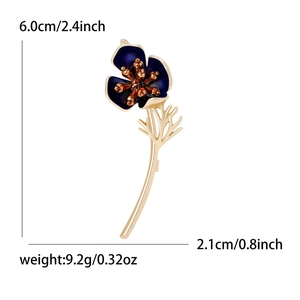 Poppy flower brooch with blue enamel petals and gold stem, size 6.0cm by 2.1cm