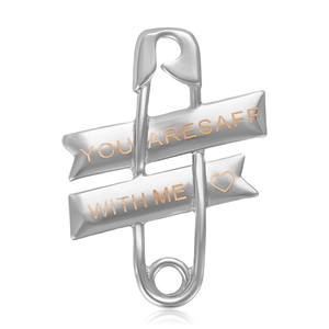 Polished silver safety pin brooch with engraved heart plates reading You Are Safe With Me