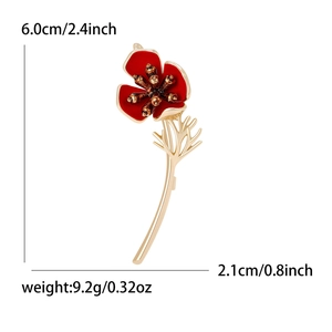 Red enamel poppy flower brooch with gold stem and brown bead core for women