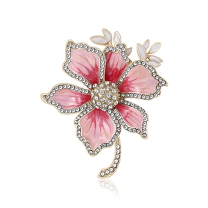 Elegant floral rhinestone brooch with pink gradient petals and gold metal finish