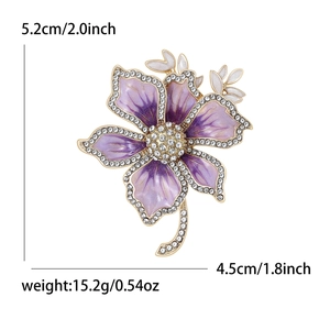 Exquisite purple enamel flower brooch with gold alloy base and sparkling rhinestones