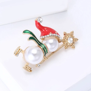 Broche bonhomme de neige de Noël avec perles blanches, chapeau émaillé et strass