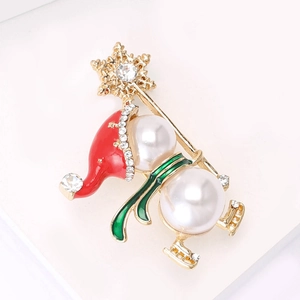 Broche bonhomme de neige de Noël avec perles blanches, bonnet émaillé rouge et strass