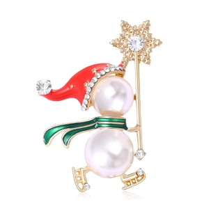Broche Bonhomme de Neige de Noël pour Femme en Alliage Or Émail Künstliche Perle Strass Bijoux de Mode Cadeau de Vacances