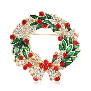 Christmas Wreath Brooch Alloy Rhinestone Enamel Bell Bow Festive Jewelry Pin For Women Holiday Party Accessory Decoration
