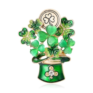 St. Patrick's Day Kleeblatt Hut Brosche Legierung Emaille Strass Pin Grün Gold Kleeblatt Brosche Für Damen Festliche Mantel Dekoration Schmuck