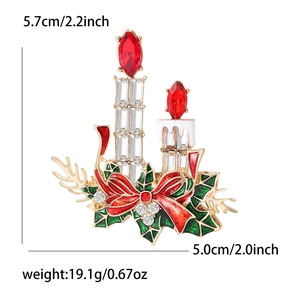 Broche de Noël double bougie de luxe avec strass rouges et feuilles d'émail vert