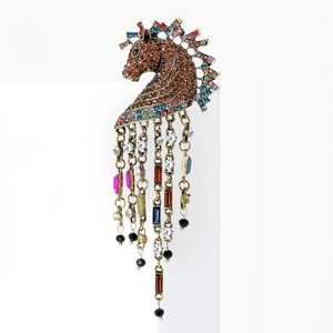 Vintage horse head brooch with multi-color rhinestones and long metallic tassels