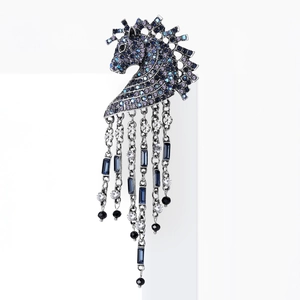 Vintage horse head brooch with blue crystal rhinestones and long tassel chains