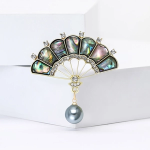 Elegante Spilla a Ventaglio in Lega Con Intarsio di Conchiglia di Abulone Strass Pendente di Perla Grigia per Donna Gioielli Vintage in Stile Cinese