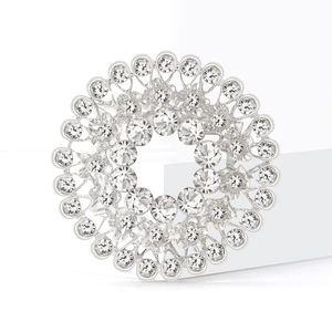 Sparkling silver round rhinestone brooch featuring intricate sunburst cutout design for women