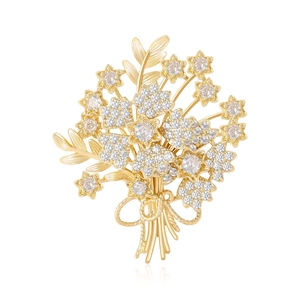 Elegant Copper Zirconia Bouquet Brooch For Women Gold Silver Plated Flower Corsage Fashion Jewelry Dress Decoration Pin
