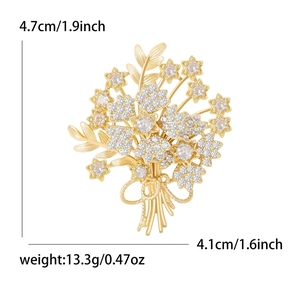 Elegant gold zircon bouquet brooch for women with sparkling floral cluster and ribbon design