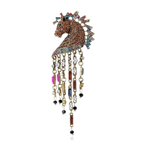 Vintage Horse Head Tassel Brooch Rhinestone Inlaid Antique Alloy Animal Pin For Women Coat Accessories Elegant Jewelry