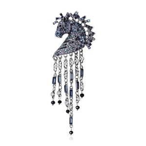 Vintage horse head brooch with blue rhinestones and long metallic tassel pendants