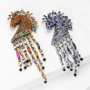 Vintage horse head brooch pins with colorful rhinestones and elegant long tassels