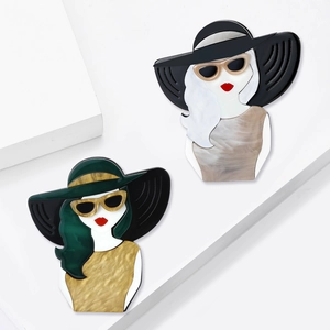 Broche Portrait Femme en Acrylique Avec Chapeau à Bord Large Lunettes de Soleil Mode Dessin Animé Art Moderne pour Femme