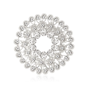 Elegant silver-colored circular brooch featuring shimmering rhinestones in a radial design