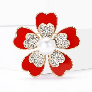 Modische Fünf-Blatt-Blumenbrosche mit roter Emaille und funkelnden weißen Kristallen