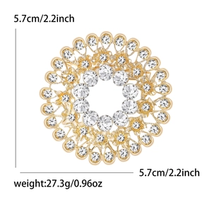 Sparkling rhinestone floral circle brooch in gold-tone metal, 2.2 inch wide for women
