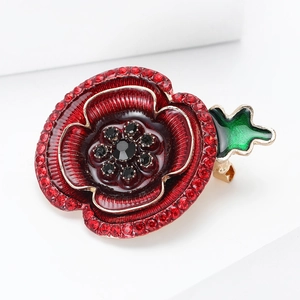 Eleganter roter Emaille-Mohnblumen-Anstecker mit funkelnden Strasssteinen und Blatt