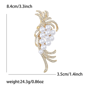 Detailed view of grape cluster pearl brooch with measurements 8.4cm by 3.5cm