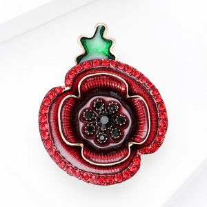 Eleganter roter Emaille Mohnblumen Brosche mit funkelnden Strasssteinen für Damenmode