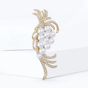 Elegant gold-plated brooch featuring white faux pearls and crystals in a grape cluster design