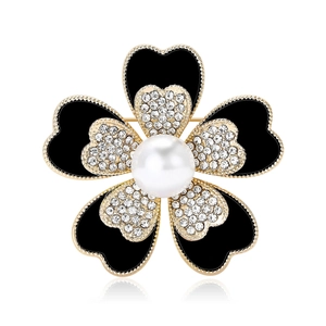 Eleganter Emaille-Blumenanstecker in Schwarz mit Kristallbesatz und Perlenmitte